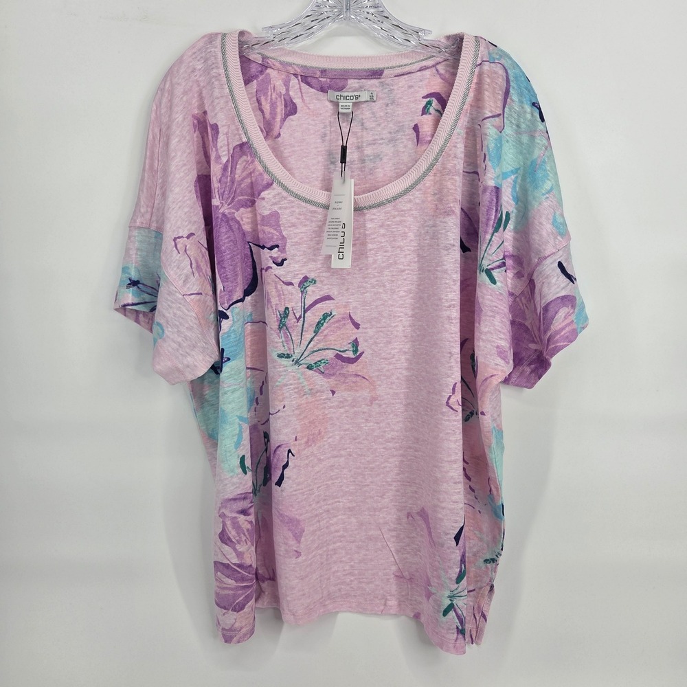 Chico's Hibiscus Easy Tee 4 XXL Lavender Floral Linen Blend Boho Tropical Top
